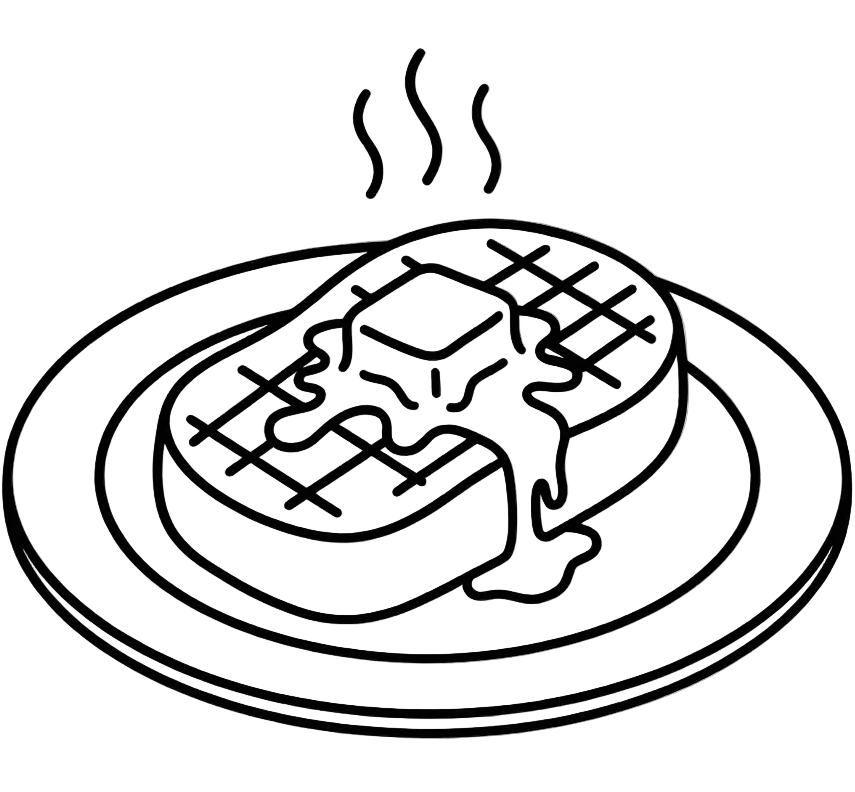 Black and white line drawing of a steak on a plate with steam rising and a slice of butter half melted on top of the steak.
