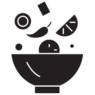 Black icon of a bowl with food ingredients on a white background