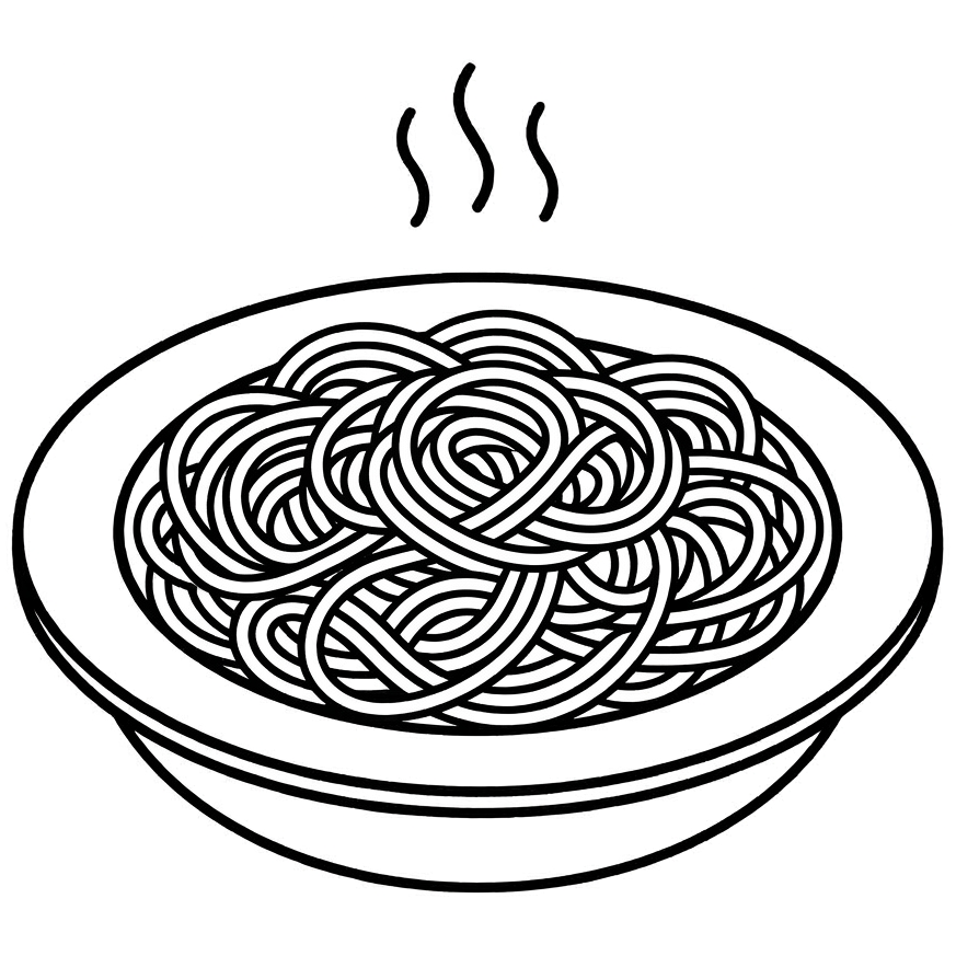 Black and white illustration of a bowl of spaghetti with steam.