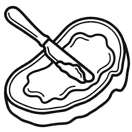 Line drawing of a slice of bread with a butter knife spreading butter ontop